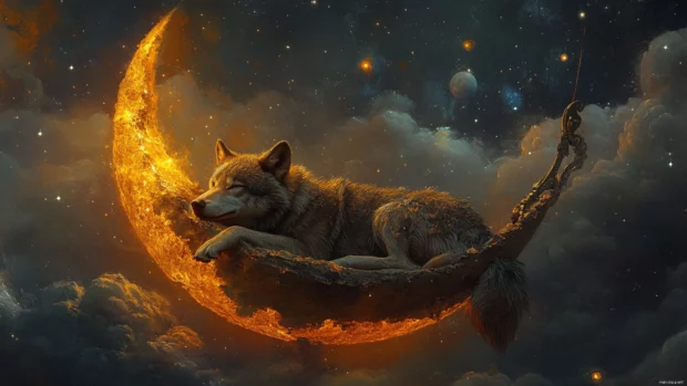 A wolf resting calmly on a floating moon fragment in deep space.