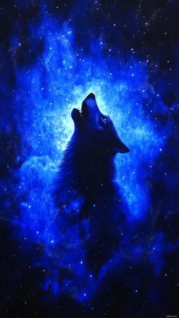 A wolf spirit floating vertically through star clusters and electric blue light.