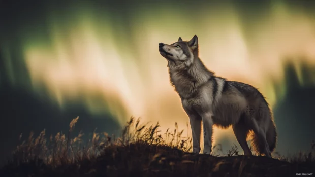 A wolf stares up at the swirling aurora.