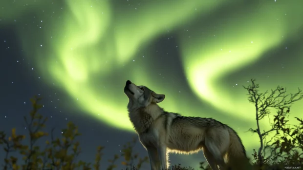A wolf stares up at the swirling aurora from a hilltop at twilight.