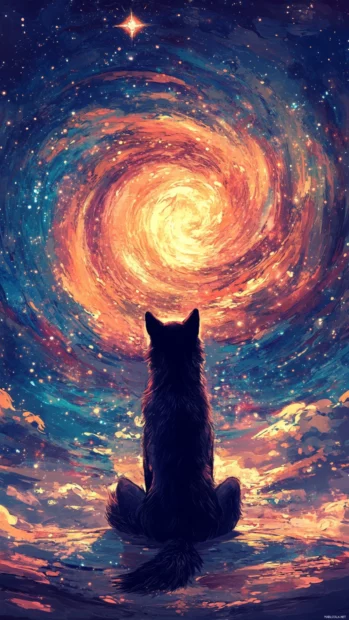 A wolf staring into a swirling star portal.