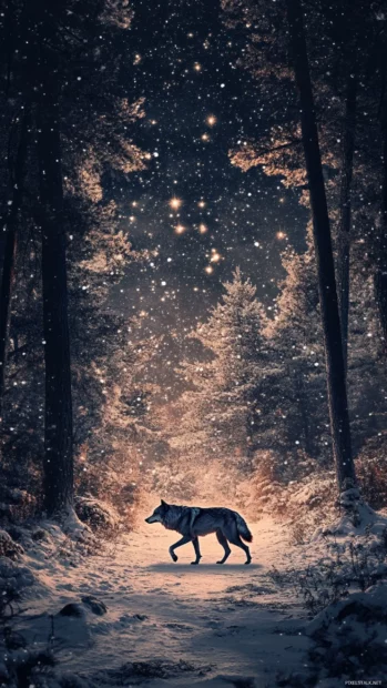 A wolf walking into a mirror forest where trees and stars blend into one.