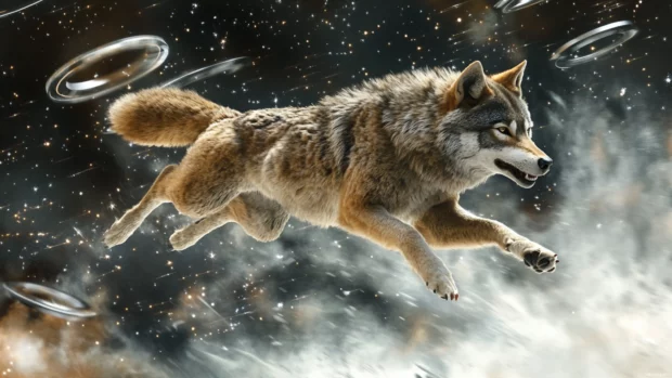 A wolf with a cosmic body running through space rings.