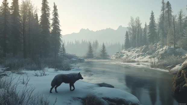 A wolf with frosted fur walks quietly across a frozen clearing surrounded by pine trees.