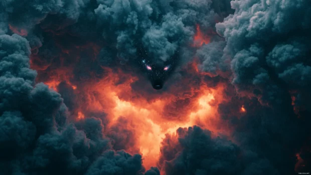 A wolf with galaxy eyes standing under an aurora sky fading into nebula clouds.