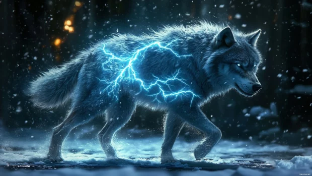 A wolf with lightning shaped scars on its side pacing through snow.
