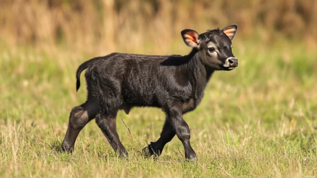A young calf walking in a field as your calf wallpaper 4K resolution.