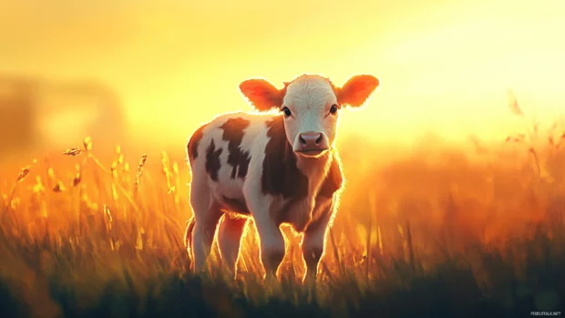 A young cow captured at sunrise in this Adorable calf background image.