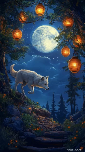 A young dream wolf walks across hanging lanterns over the night sky.