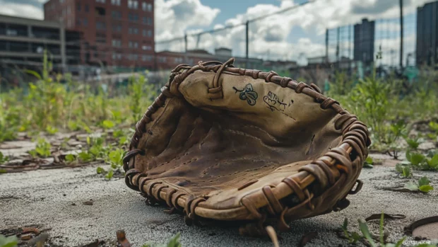 Abandoned baseball glove on a city rooftop field.