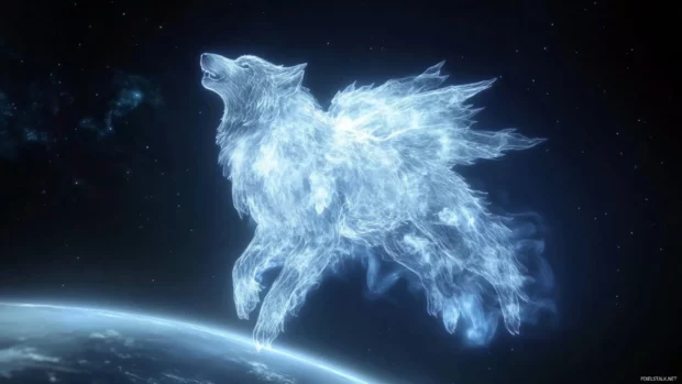 Above a glowing planet, a massive translucent wolf howls through space.