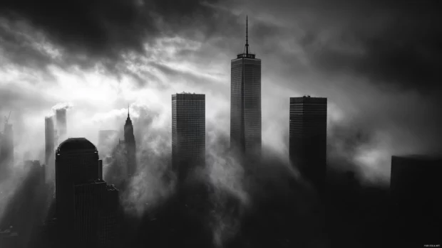 Abstract Dark City Wallpaper featuring towers shrouded in mystery and clouds.