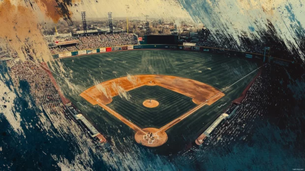 Abstract art style of baseball stadium blended with real textures.
