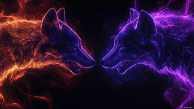 Abstract neon wolves circling each other with trails forming an infinite loop of color.