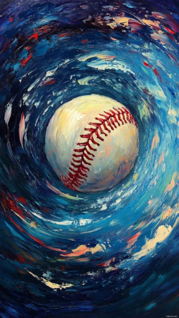Abstract oil painting of a baseball mid air, swirling brushstrokes capturing the energy of movement.
