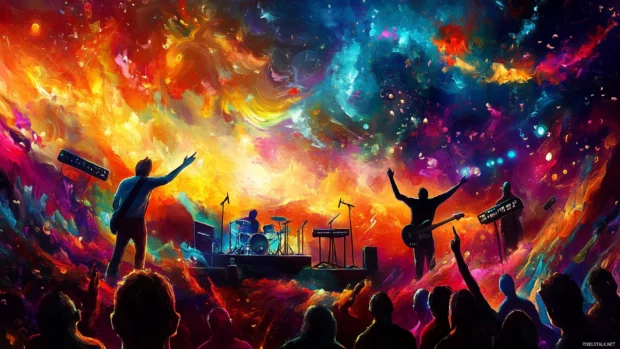 Abstract shapes vibrant colors stylized representation rock concert scene sound waves radiating invisible stage capturing energy live music.