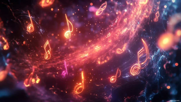 Abstract shot of colorful musical notes floating in the air, surrounded by swirling light trails and soft bokeh effects.