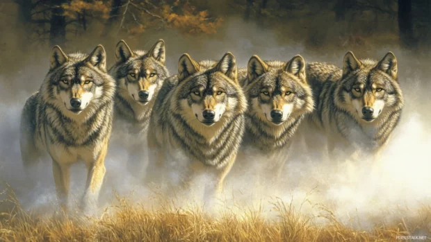 Action wolf wallpaper showing snowy sprint toward the viewer.