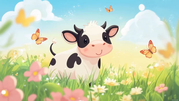 Adorable cow cartoon style in a kawaii field with sparkling butterflies.