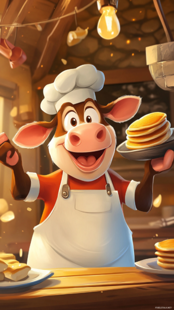 Adorable cow character background showing cow chef flipping pancakes in cartoon style.