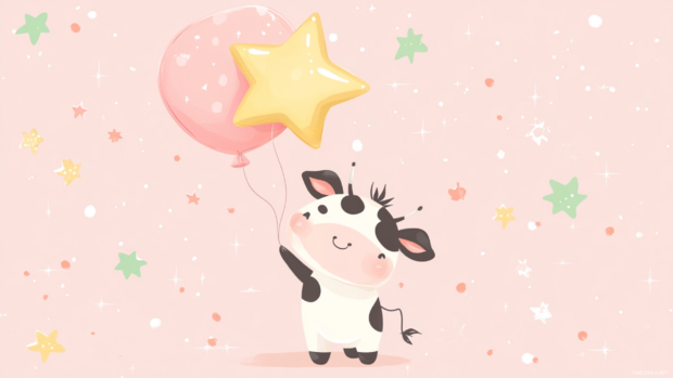 Adorable cow holding star shaped balloon in kawaii style.