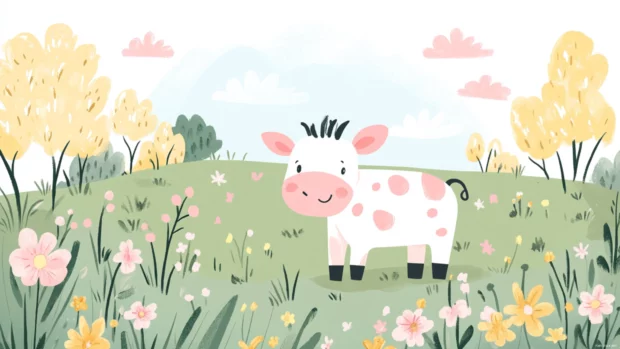 Adorable meadow scene with a cow in this Pink Kawaii Cow illustration.