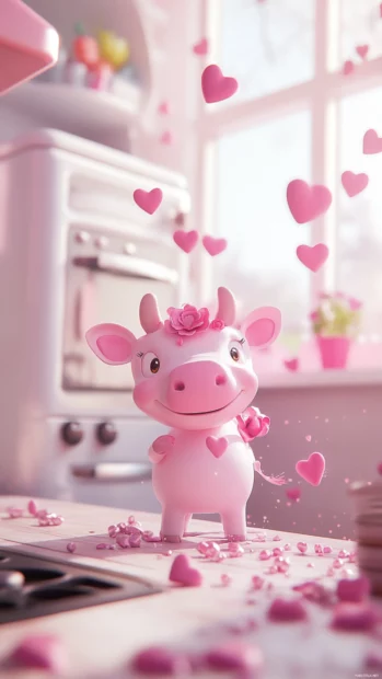 Adorable pink cow image in a kawaii kitchen with floating hearts.