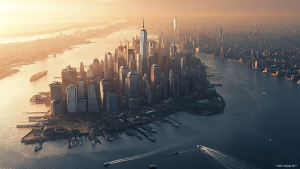 Aerial view of New York City 4k Wallpaper with glistening towers.