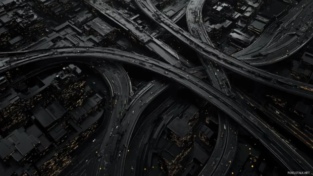 Aerial view of black city wallpaper with a network of shimmering highways.