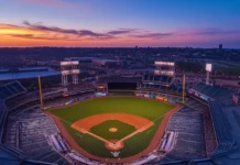Aerial view of iconic baseball stadium during twilight, perfect baseball stadium wallpaper.