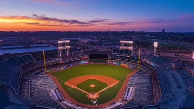Aerial view of iconic baseball stadium during twilight, perfect baseball stadium wallpaper.