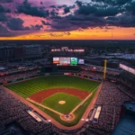 Aerial view of stadium under lights baseball desktop wallpaper HD.
