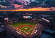 Aerial view of stadium under lights baseball desktop wallpaper HD.