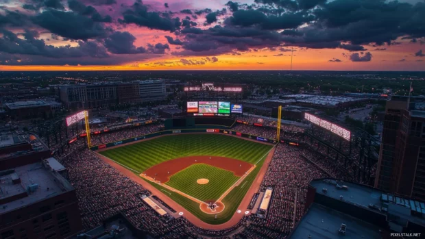 Aerial view of stadium under lights baseball desktop wallpaper HD.