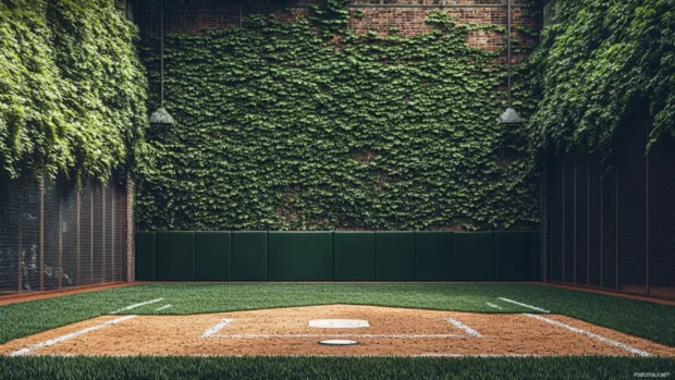 Aesthetic Baseball Wallpaper framed with ivy covered fences and chalk lines.