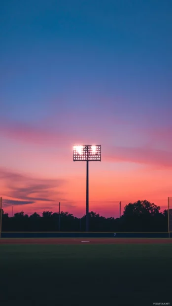 Aesthetic Baseball Wallpaper pastel horizon behind scoreboard silhouette.