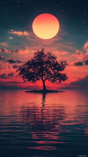 Aesthetic Sunrise Wallpaper highlighting a single tree in silhouette.