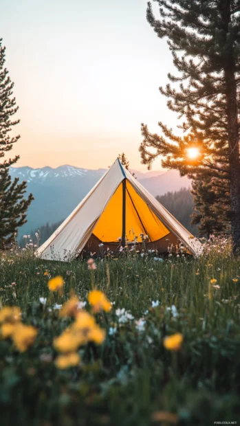Aesthetic Sunrise Wallpaper with soft gradients above a blooming meadow.