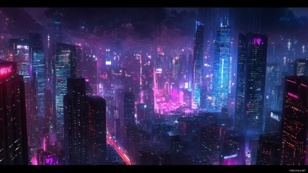 Aesthetic city nights wallpaper for PC featuring modern downtown at night.
