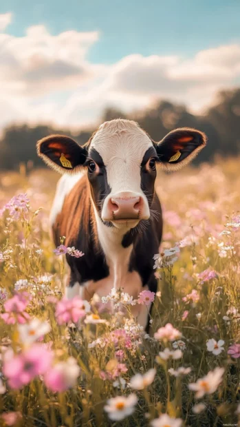 Aesthetic cow wallpaper for phone showing cute cow standing in flower field.