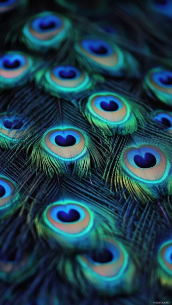 Aesthetic peacock phone background capturing a vertical detail of blue green feathers glowing under soft light.