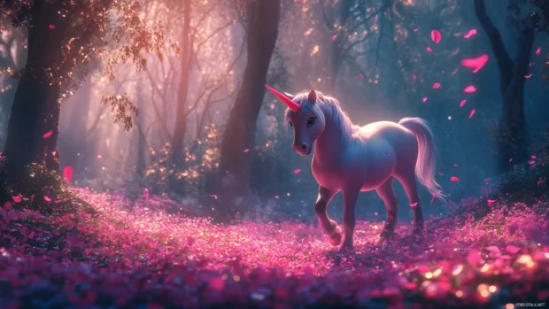 Aesthetic scene of a Cute Unicorn wandering through glowing petals.