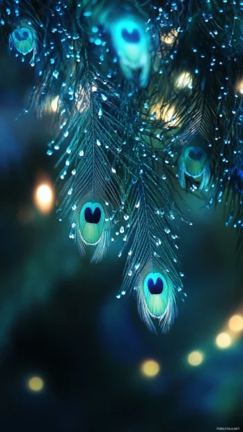 Aesthetic vertical composition of peacock feathers, capturing their radiant blue and green tones under a dreamy soft glow.