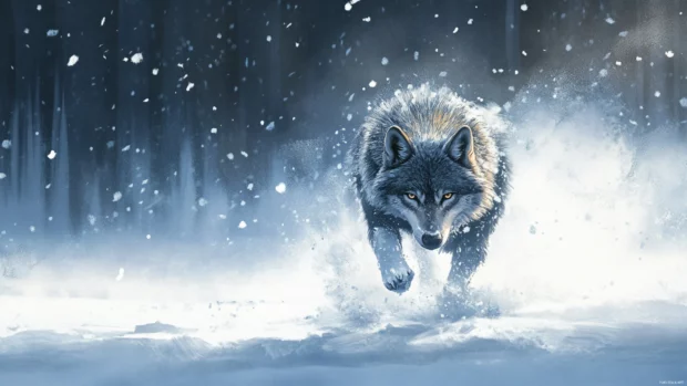 Aggressive grey wolf charging through falling snow in wallpaper.