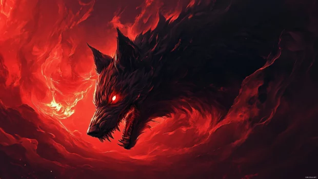 Aggressive wolf desktop wallpaper with glowing fury filled eyes.