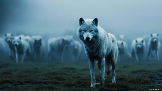 Alpha wolf leads the pack through morning mist in a powerful stance.