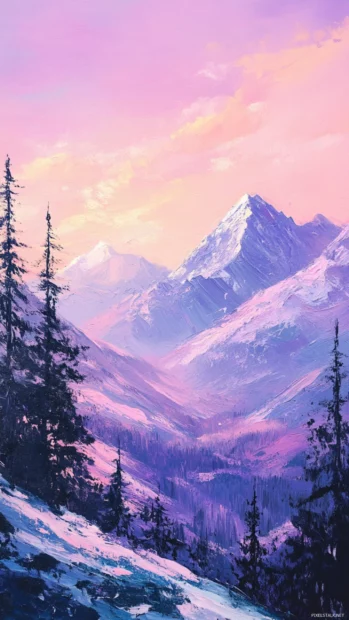 Alpine scenery is painted in soft peach and violet light.