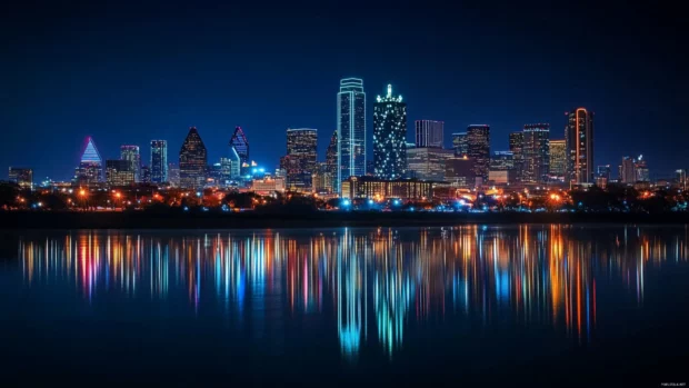Ambient vibes radiate from city skyline at night on a clear night.