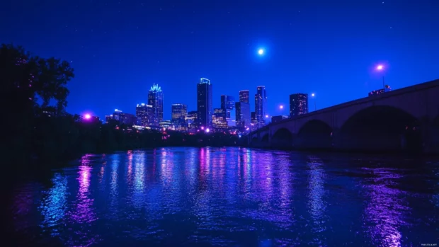 Ambient vibes radiate from vibrant urban skyline on a clear night.