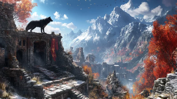 Among dark ruins, a lone black wolf watches over the valley in this epic black wolf wallpaper.